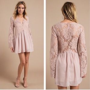TOBI Blush Pink Nude Lace Scallop Plunge Chiffon Mini Dress Bell Sleeve …